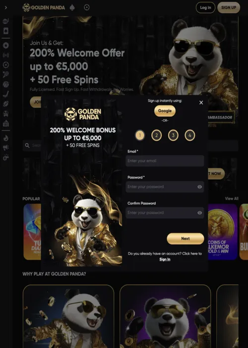 Création profil joueur instantané Golden Panda Casino